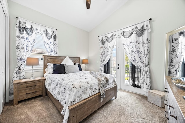 bedroom with access to exterior, ceiling fan, carpet, and vaulted ceiling