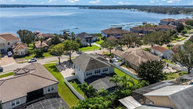 drone / aerial view featuring a water view