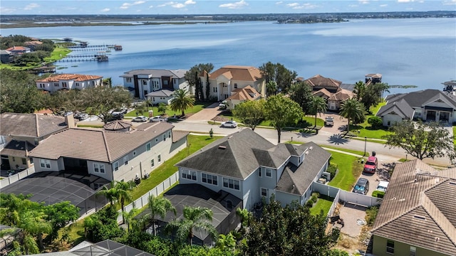 drone / aerial view featuring a water view