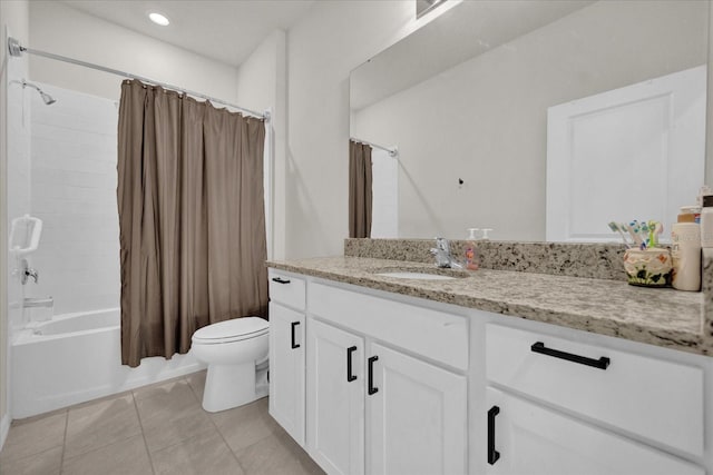 full bathroom with vanity, toilet, shower / bath combination with curtain, and tile patterned flooring