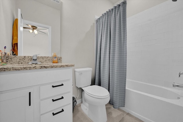 full bathroom featuring vanity, ceiling fan, toilet, and shower / bathtub combination with curtain