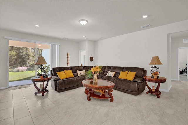 living room with a textured ceiling