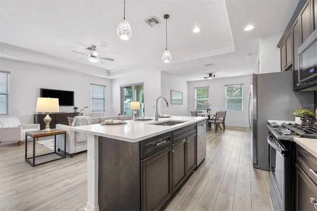 kitchen featuring light hardwood / wood-style floors, appliances with stainless steel finishes, a healthy amount of sunlight, and an island with sink