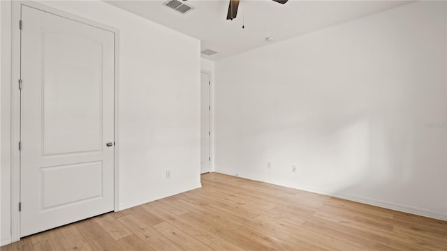 unfurnished bedroom with light hardwood / wood-style flooring and ceiling fan