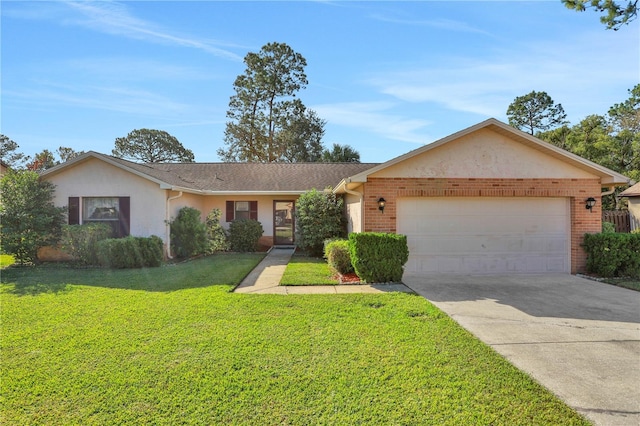 single story home featuring a front lawn and a garage