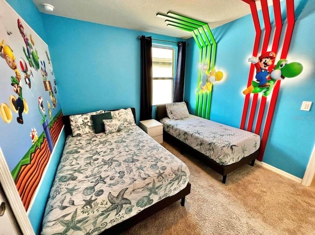 carpeted bedroom with a textured ceiling