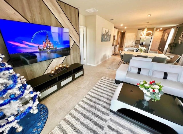 living room featuring light tile patterned flooring