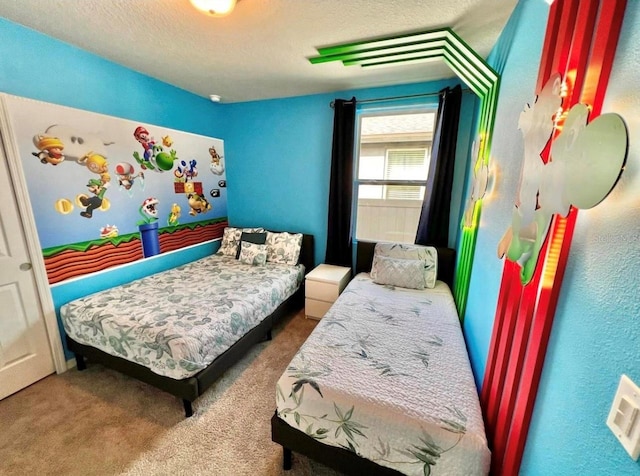 carpeted bedroom featuring a textured ceiling