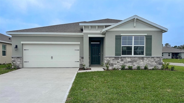 view of front facade with an attached garage, concrete driveway, stone siding, stucco siding, and a front lawn