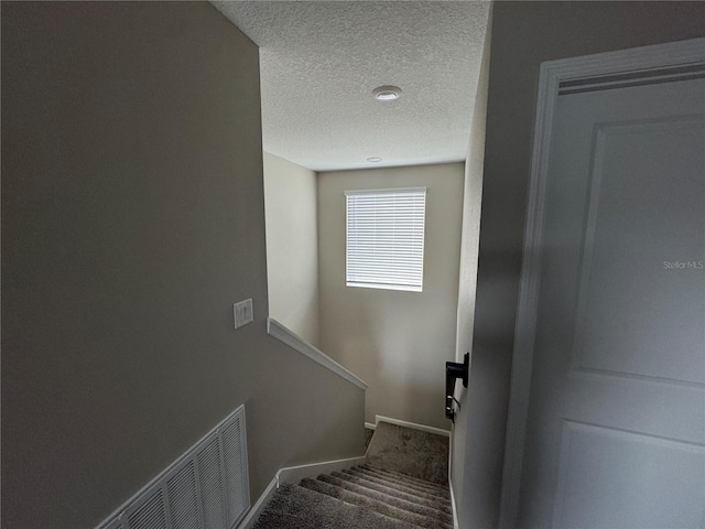 stairs featuring a textured ceiling and carpet floors