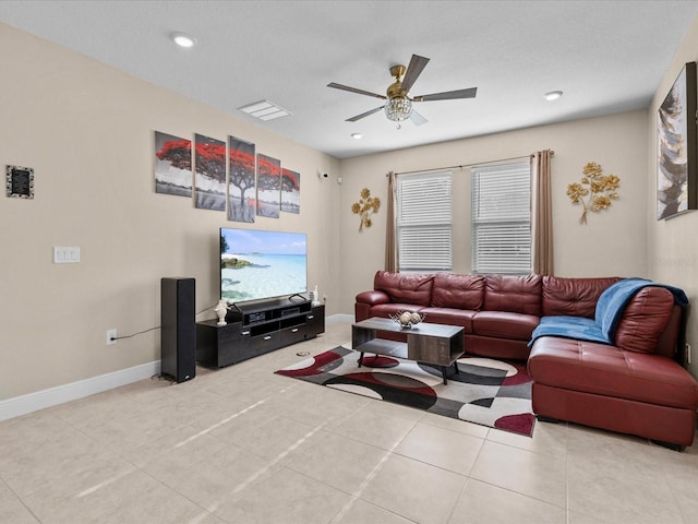 528 Bellissimo Pl, Howey In The Hills, FL 34737 - living area featuring baseboards, light tile patterned flooring, ceiling fan, and recessed lighting