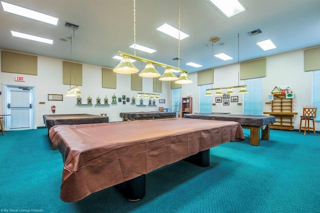 playroom with billiards and carpet floors