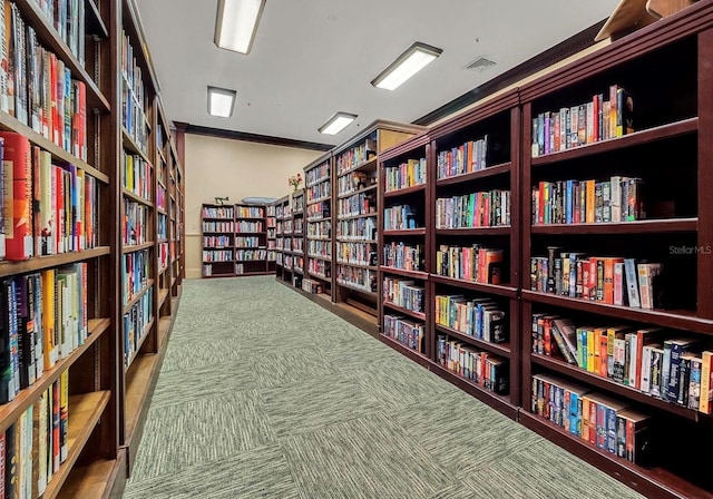 4538 Nottoway Dr, Leesburg, FL 34748 - living area featuring wall of books, visible vents, ornamental molding, and carpet floors
