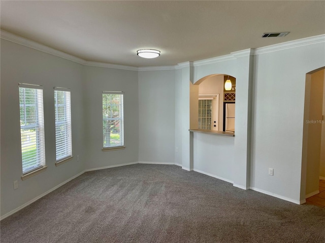 carpeted spare room with crown molding and a wealth of natural light