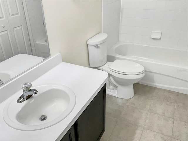 full bathroom featuring toilet, shower / tub combination, vanity, and tile patterned floors