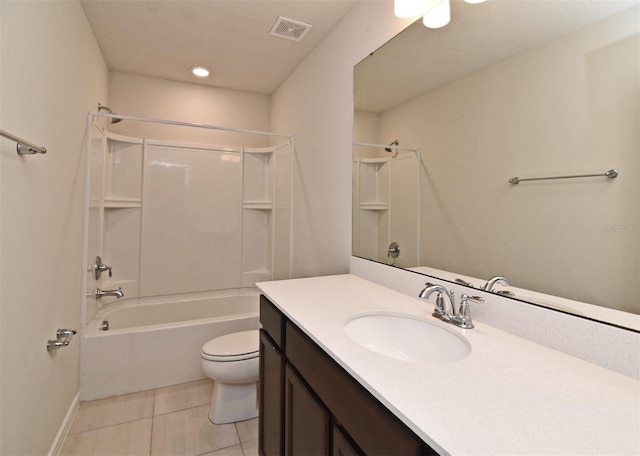 full bathroom featuring vanity, shower / bathing tub combination, toilet, and tile patterned flooring