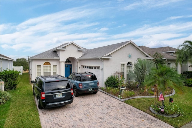 view of front of property featuring a front yard and a garage