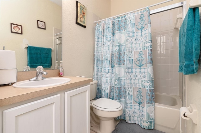 full bathroom featuring vanity, shower / bath combination with curtain, and toilet