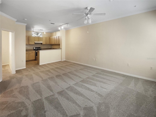 unfurnished living room featuring light carpet, sink, crown molding, rail lighting, and ceiling fan