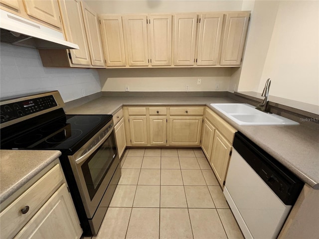 kitchen with sink, stainless steel range with electric cooktop, white dishwasher, decorative backsplash, and light tile patterned floors