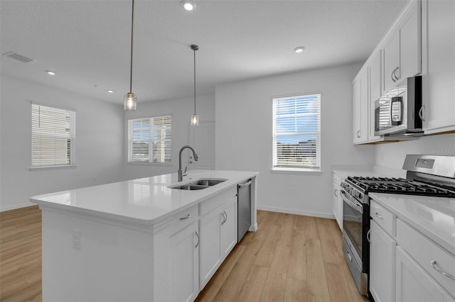 kitchen with white cabinetry, stainless steel appliances, sink, and a kitchen island with sink