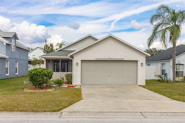 single story home with a front yard and a garage