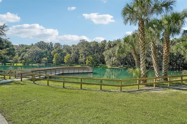 view of property's community featuring a water view and a yard