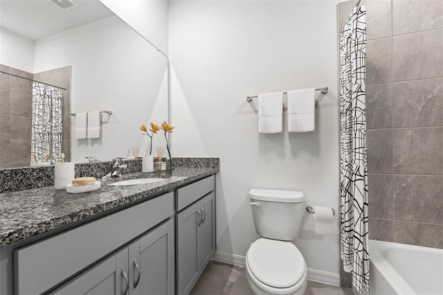 full bathroom with vanity, toilet, and shower / bathtub combination with curtain