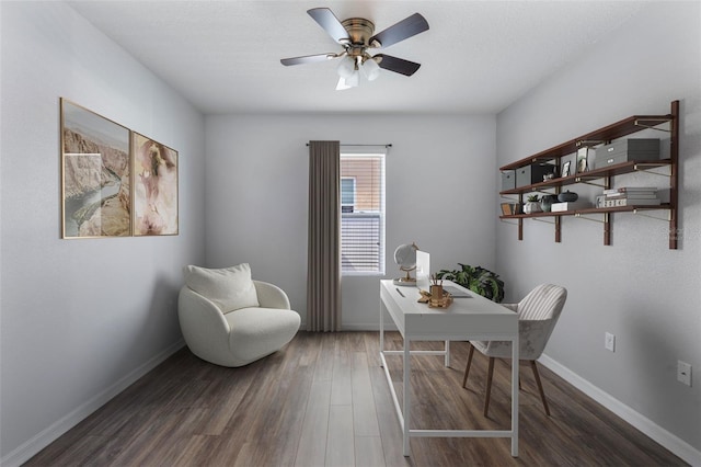 home office featuring dark wood-type flooring and ceiling fan