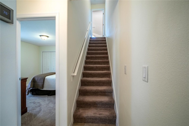 stairs featuring carpet flooring