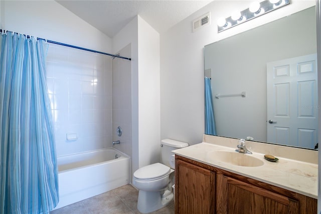 36711 Alaqua Ct, Eustis, FL 32736 - full bathroom featuring vanity, shower / bathtub combination with curtain, toilet, tile patterned floors, and vaulted ceiling