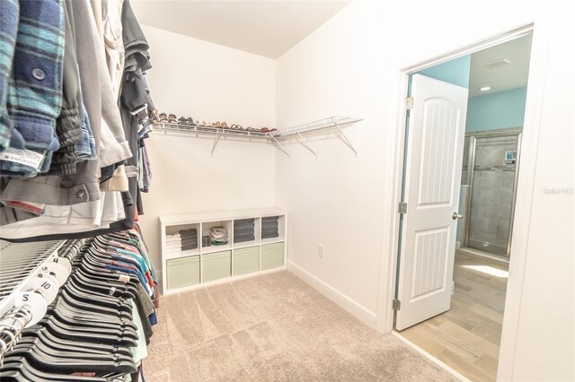 spacious closet featuring light colored carpet