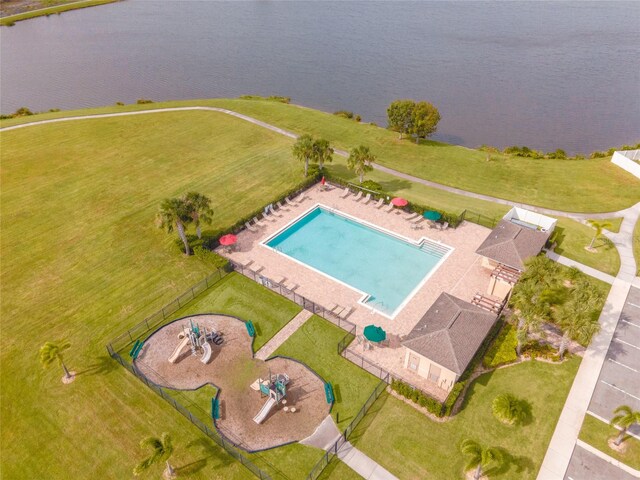 drone / aerial view featuring a water view