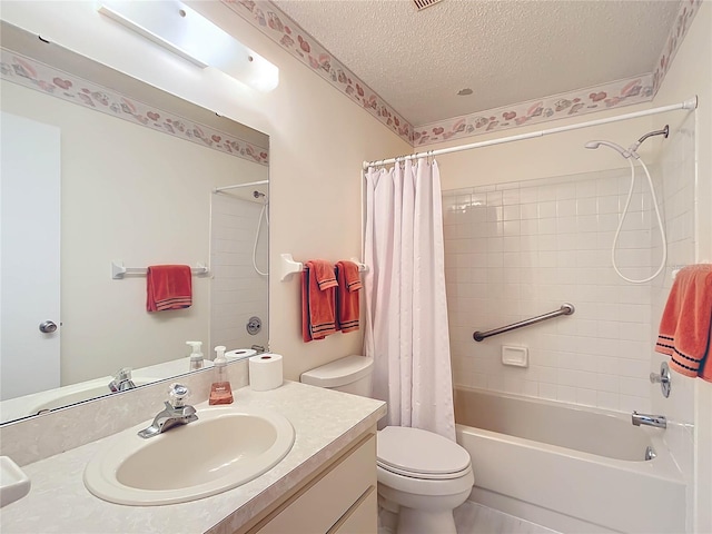 full bathroom featuring vanity, toilet, a textured ceiling, and shower / tub combo with curtain