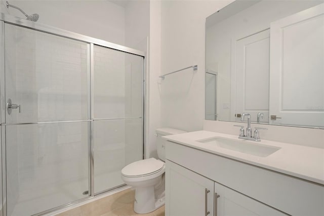 bathroom featuring tile patterned flooring, vanity, an enclosed shower, and toilet