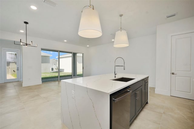 kitchen with sink, dishwasher, a kitchen island with sink, and hanging light fixtures