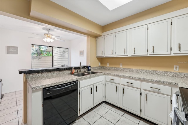 kitchen featuring white cabinetry, black dishwasher, sink, and kitchen peninsula