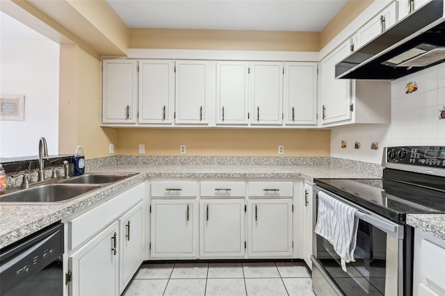 kitchen featuring black dishwasher, sink, white cabinets, and electric stove