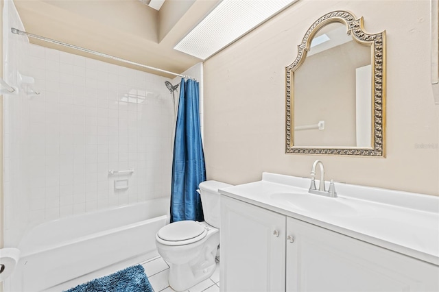 full bathroom with vanity, toilet, tile patterned floors, and shower / tub combo with curtain