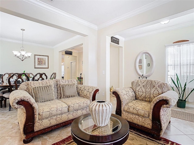 tiled living room with crown molding and an inviting chandelier