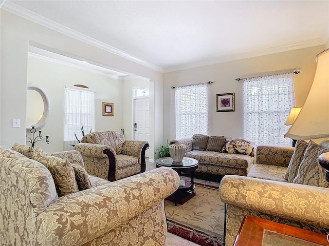 carpeted living room featuring crown molding