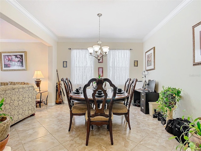 dining area with a notable chandelier and crown molding