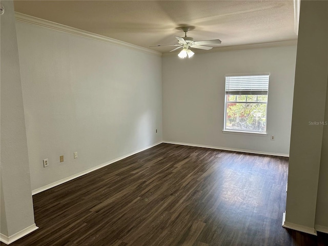 empty room with dark wood-type flooring, ceiling fan, and ornamental molding