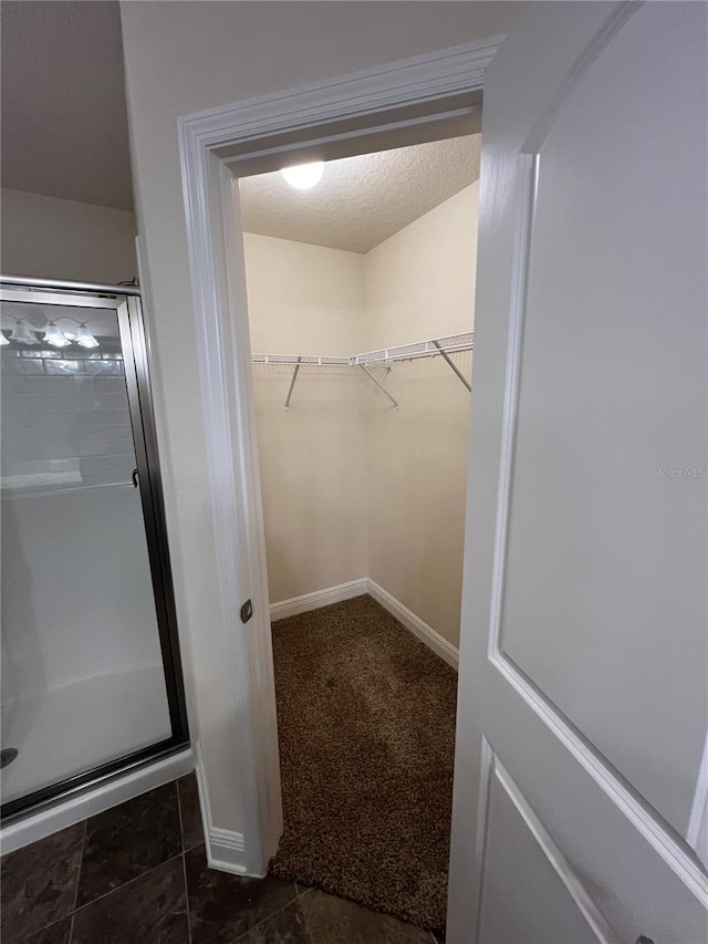 walk in closet featuring dark colored carpet