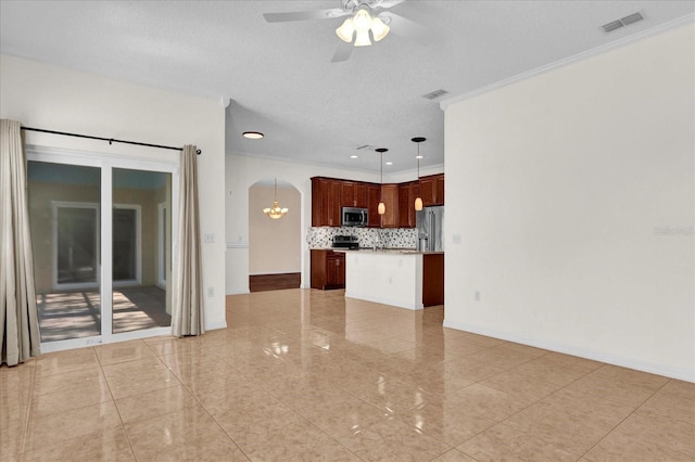 unfurnished living room with crown molding, a textured ceiling, light tile patterned floors, and ceiling fan