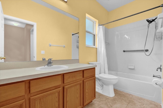 full bathroom with vanity, tile patterned flooring, toilet, and shower / bathtub combination with curtain