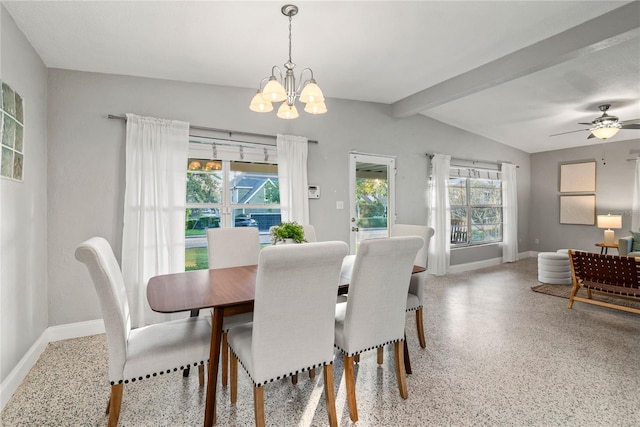 dining room featuring ceiling fan with notable chandelier and lofted ceiling with beams