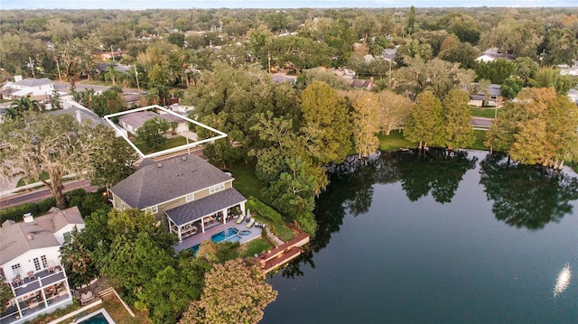 birds eye view of property featuring a water view