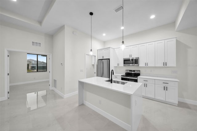 kitchen featuring white cabinetry, stainless steel appliances, sink, and hanging light fixtures