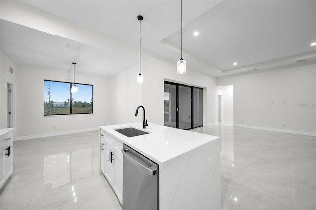 kitchen featuring light stone counters, dishwasher, hanging light fixtures, and white cabinets